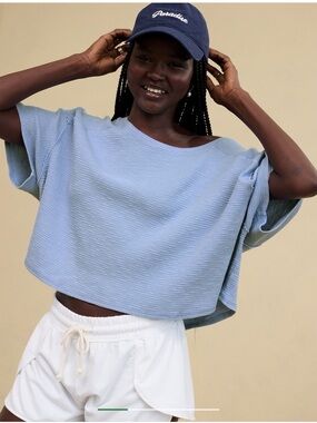 Relaxed Waffle Knit Crop Top in Light Blue
